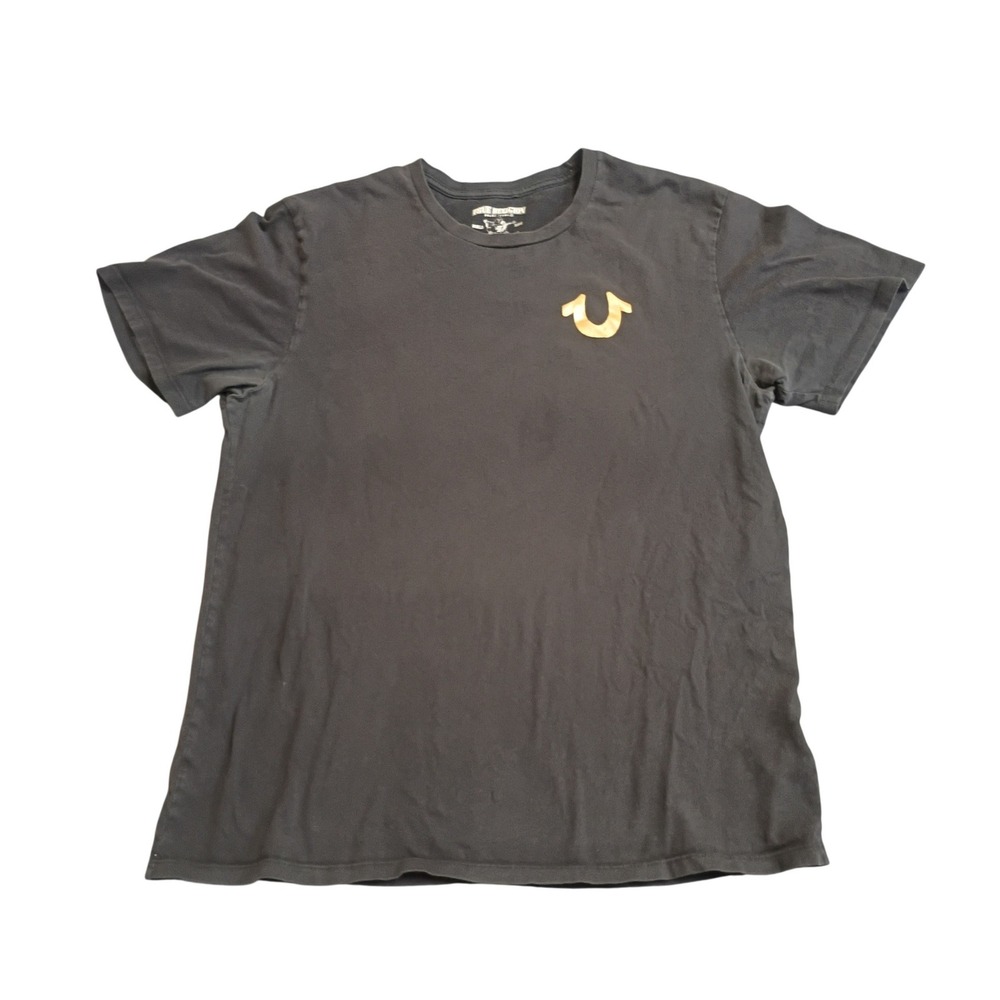 True Religion Graphic T-Shirt Mens Large Black Gold Buddha Logo Streetwear